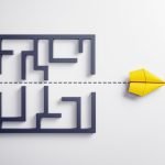 yellow paper plane flying over black maze on light background symbolizing leadership, innovation, and business problem solving concept. 3d rendering